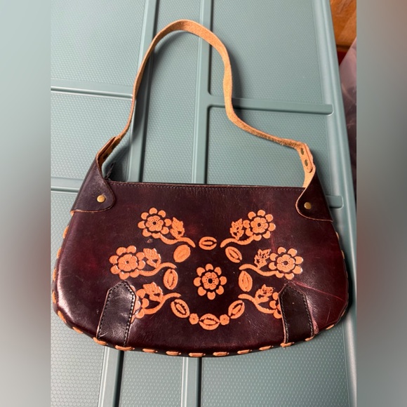 Handbags - Ladies Leather Purse Brown Embossed Floral Hobo Small Boho Bag Handmade India
